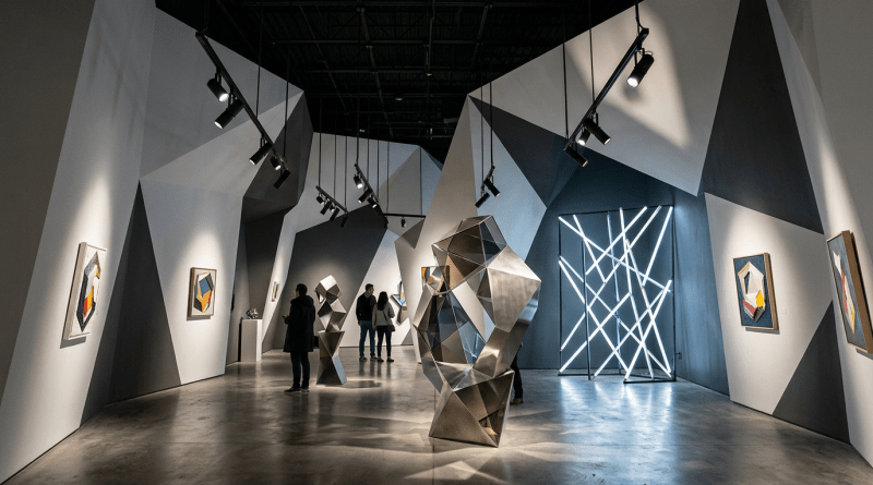 Gallery space with geometric sculptures and abstract paintings on angular walls