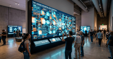 People viewing and photographing a large digital display explaining blockchain and decentralized consensus