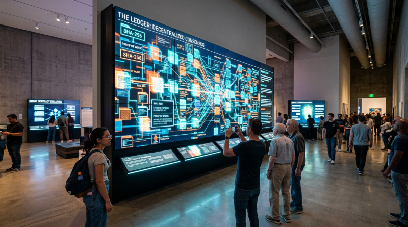 People viewing and photographing a large digital display explaining blockchain and decentralized consensus