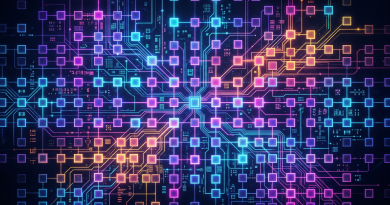 Abstract digital network with interconnected glowing squares in blue, pink, and orange