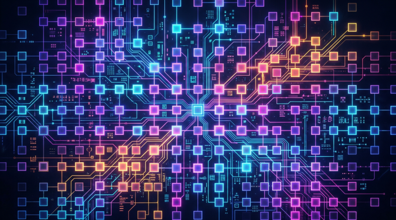 Abstract digital network with interconnected glowing squares in blue, pink, and orange