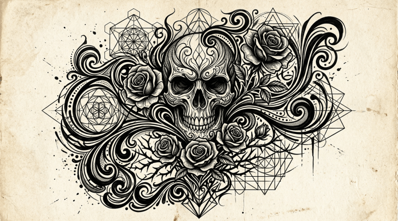 Detailed skull surrounded by roses, swirling motifs, and geometric shapes
