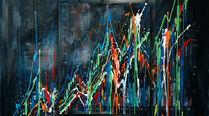 Colorful abstract stock market graphs with splashes and drips