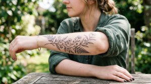 Forearm tattoo of intricate black line floral and leaf design