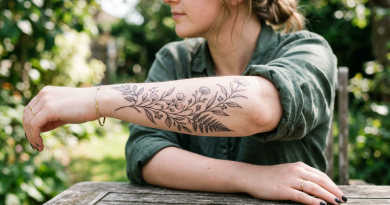 Forearm tattoo of intricate black line floral and leaf design