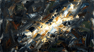 Abstract painting with layered wide brushstrokes in dark greens, blues, browns, and bright white-yellow highlights