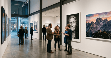 People viewing and discussing large photographic portraits and landscapes in an art gallery