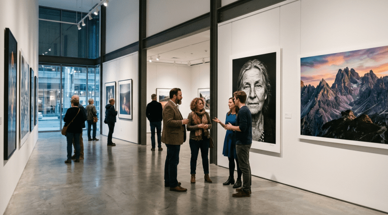 People viewing and discussing large photographic portraits and landscapes in an art gallery