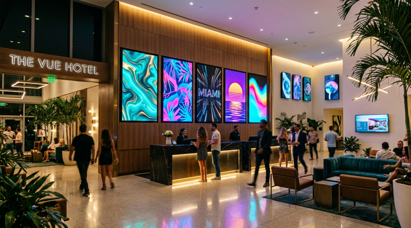 Hotel lobby with digital art panels and guests interacting at reception