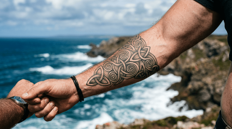 Outstretched arm with Celtic tattoo holding another hand near coastal cliffs