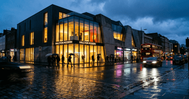 Rainy evening street scene with people carrying umbrellas walking past an illuminated art gallery named Halcyon Modern