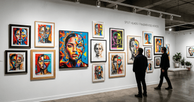 Gallery wall with multiple split-face portrait paintings in various styles and colors, two people viewing the art