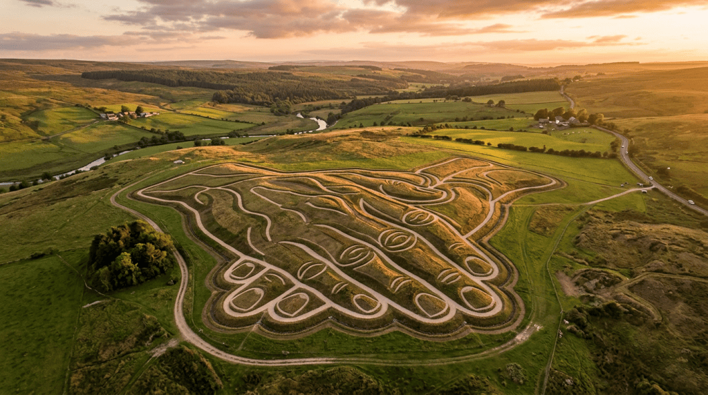 Large land art with paths forming two clasped hands in a green field