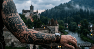 Tattooed arm with snarling wolf tattoo and medieval symbols wearing a watch, overlooking a river and castle.