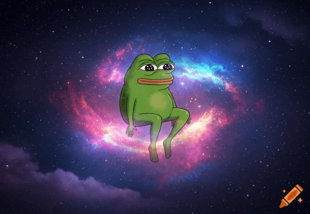 Green Pepe-style frog character floating serenely in a colorful nebula, capturing the chill and mystical vibe of The Stoned Frogs NFTs.