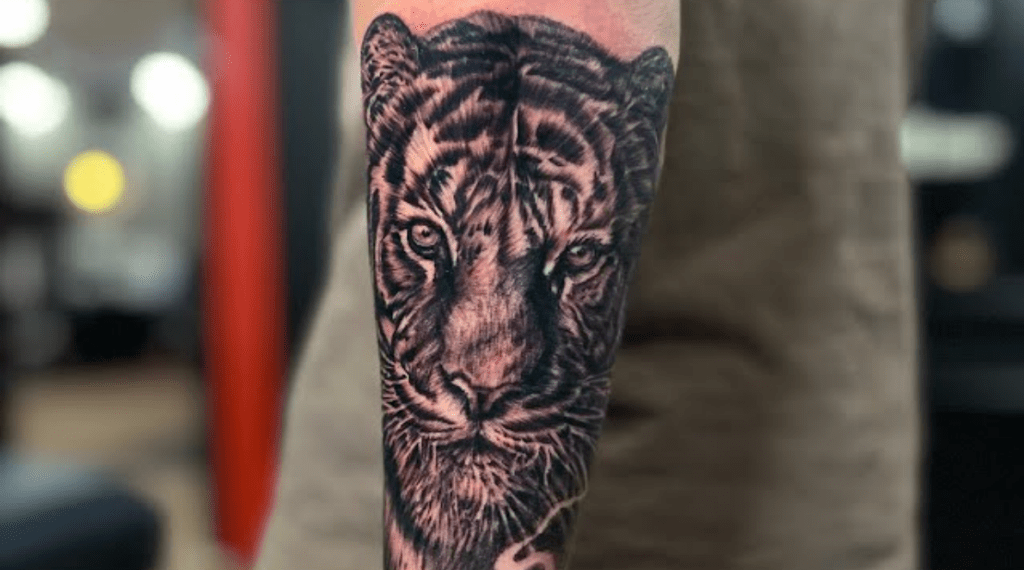 Realistic black and grey tiger portrait tattoo on arm by CJ Orazi at The Vintage Tattoo Shoppe.