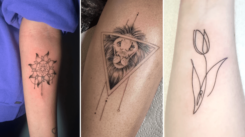 Close-up of black fine-line tattoos on human skin, including a geometric lion in a triangle and delicate floral designs.