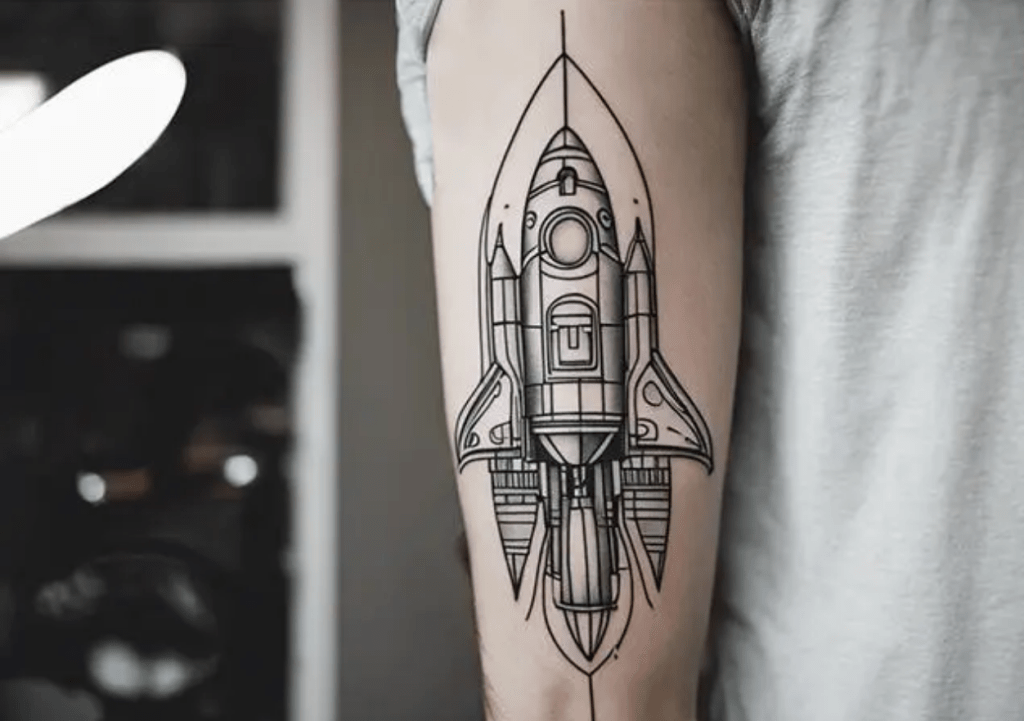 Blackwork tattoo on skin featuring a rocket and circuit board elements, symbolizing tech integration in tattoo culture.
