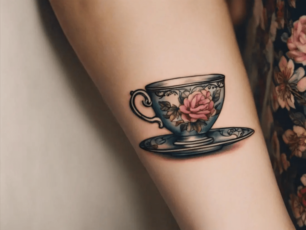 Detailed traditional tattoo of a teacup with flowers and strawberries on an arm.