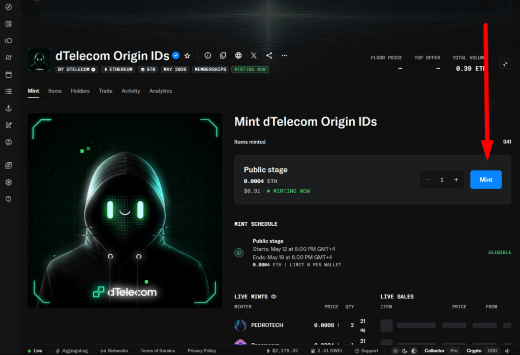 dTelecom Origin IDs NFT mint page showing hooded futuristic character on Ethereum, May 2026 drop.

