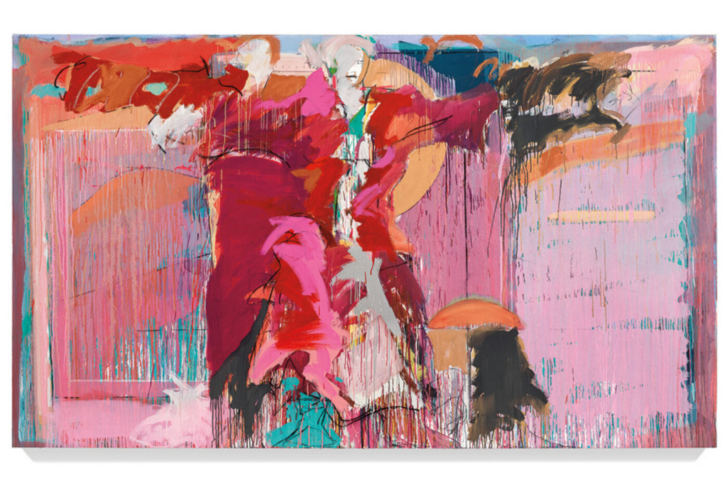Dynamic abstract painting with bold strokes of red, pink, orange, teal, and black suggesting movement and organic forms against a layered background.