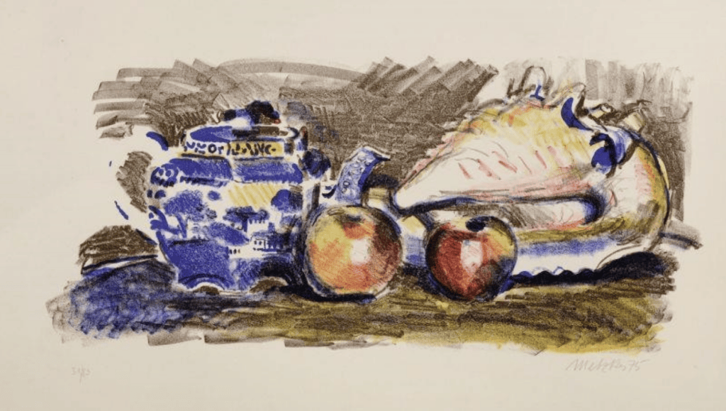Colorful still life drawing by Harald Metzkes featuring a blue-and-white teapot, apples, and bread-like forms on a table, signed and dated, demonstrating his expressive realist technique.  

