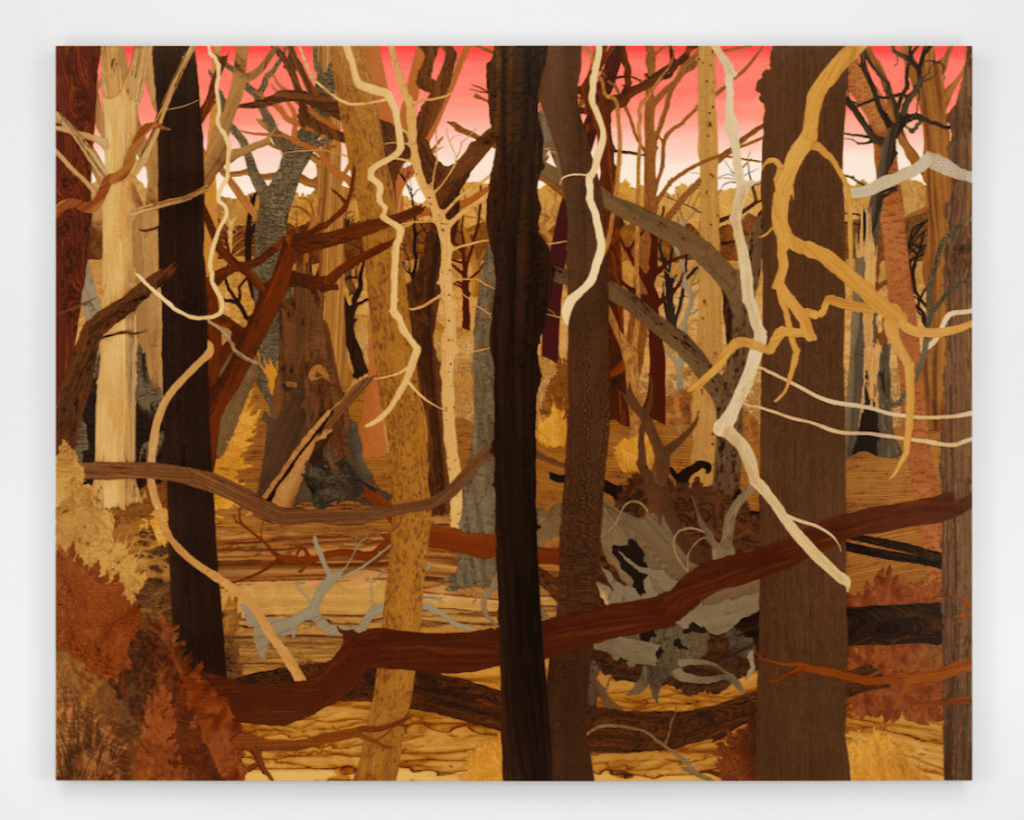 Abstracted forest-like composition of tangled branches and trees in warm earth tones and vibrant accents, created through intricate wood marquetry.


