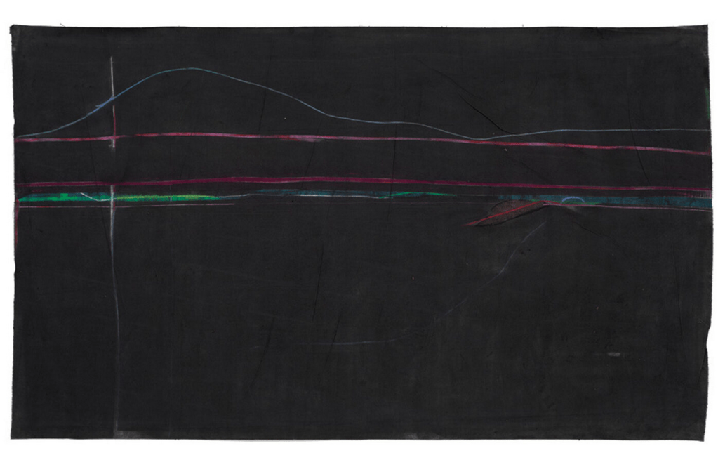 Large horizontal abstract painting dominated by deep matte black with thin, glowing horizontal and vertical lines in blue, pink, green, and white creating subtle divisions and movement across the surface.