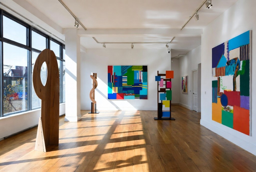Prokofiev Studio Hackney London interior view of Bending Time exhibition featuring abstract sculptures and paintings