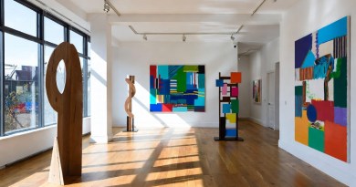 Prokofiev Studio Hackney London interior view of Bending Time exhibition featuring abstract sculptures and paintings