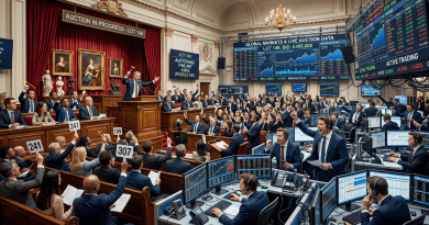 Auctioneer leading a live auction with bidders raising paddles and traders monitoring global market data on multiple screens