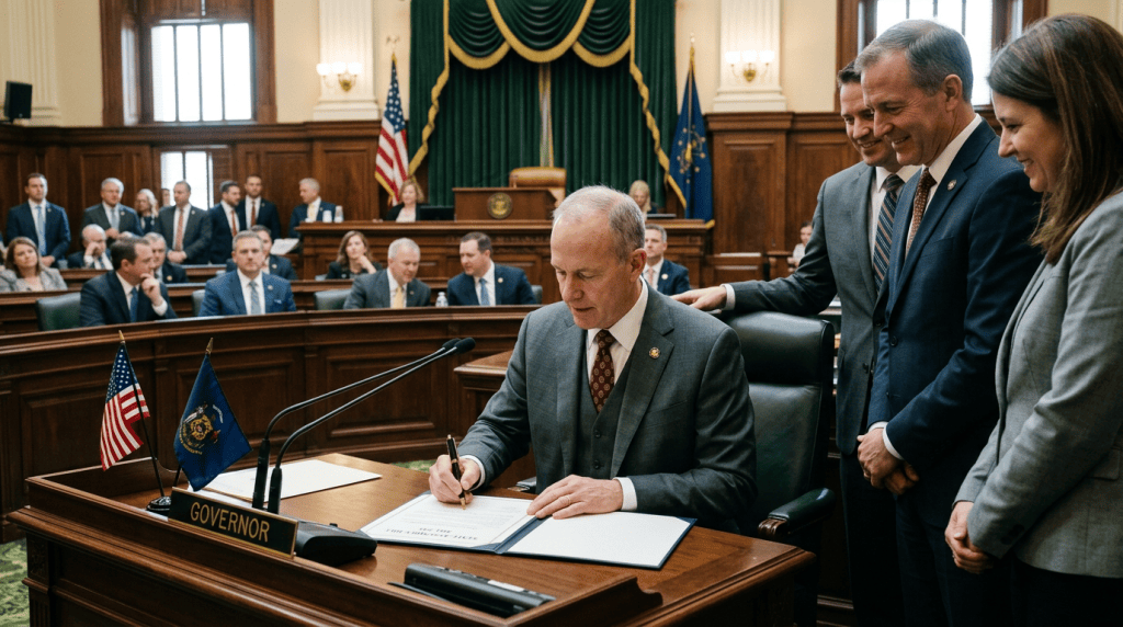 Governor sitting at desk signing document with flags and officials standing nearby