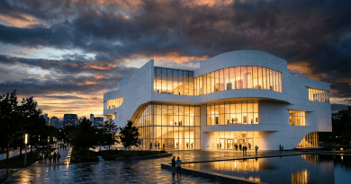 Illuminated modern art museum building at dusk with reflections in water
