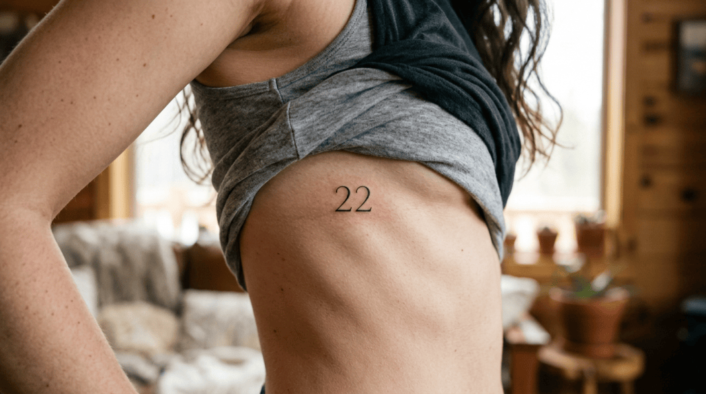 Black tattoo of the number 22 on person's side torso under raised shirt