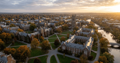 Aerial view of university campus with Gothic-style buildings, green lawns, autumn trees, and river