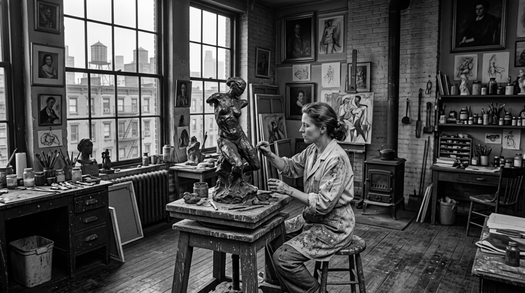 Artist sculpting human figure sculpture in bright art studio with paintings and tools