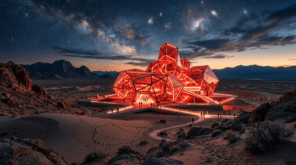 Futuristic red geometric building illuminated at night in desert