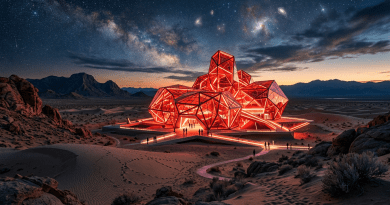 Futuristic red geometric building illuminated at night in desert