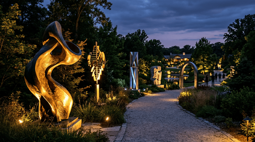 Curved and geometric sculptures along a lit gravel path in an outdoor garden at dusk