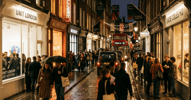 People walking on wet cobblestone street with umbrellas between illuminated art galleries and a red double-decker bus