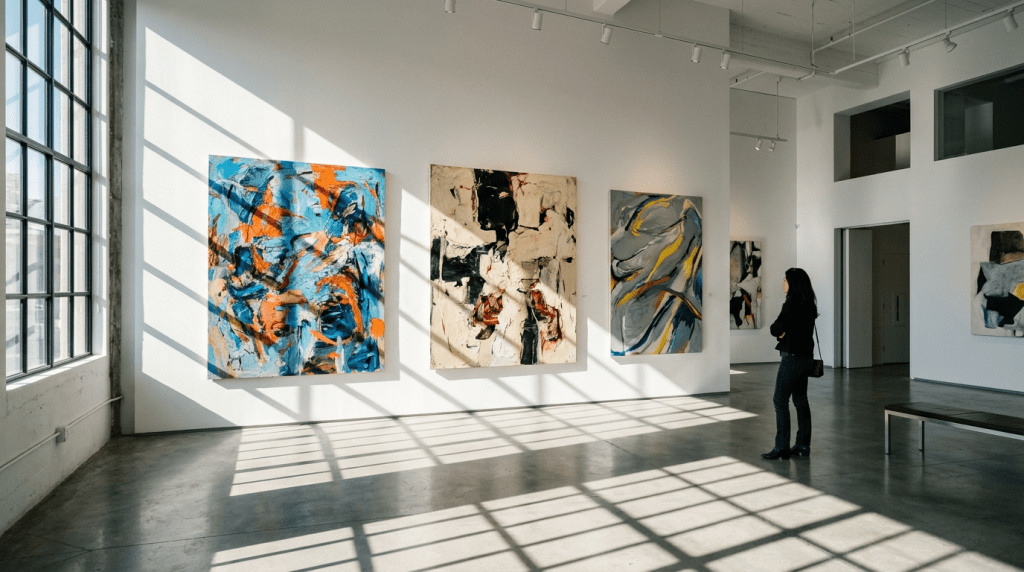 Woman viewing large abstract paintings in a spacious modern art gallery