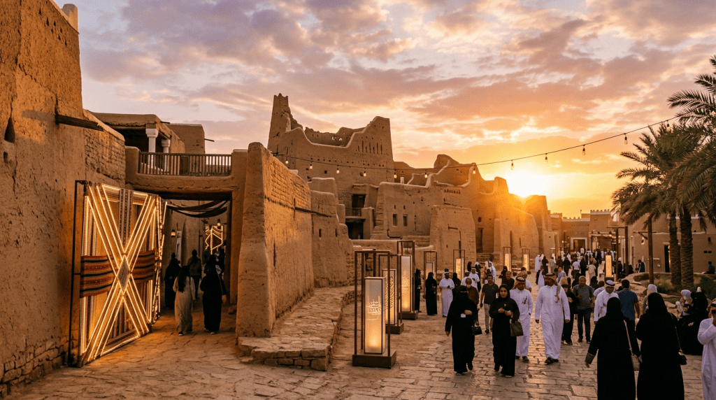 People walking through a historic mud-brick village with glowing lanterns and string lights at sunset