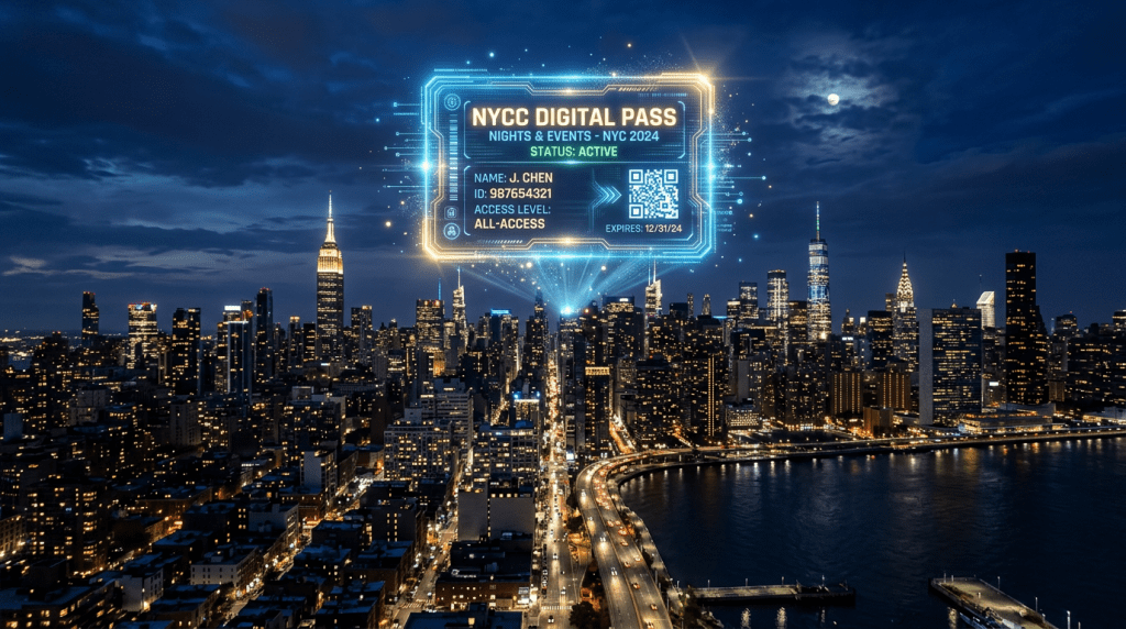 Digital pass overlay showing NYC event details and city skyline at night