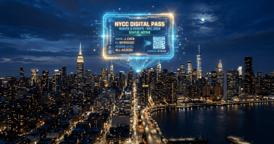 Digital pass overlay showing NYC event details and city skyline at night