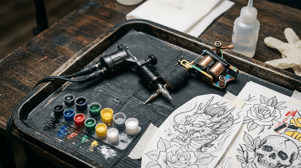 Tattoo machine, color ink pots, and tattoo design sketches on tray