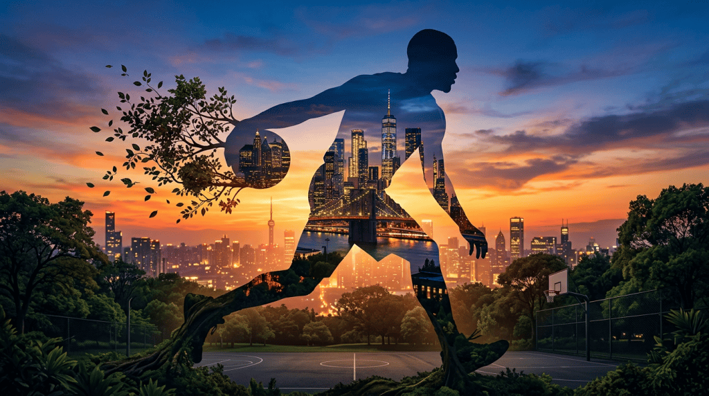 Silhouette of a basketball player combining city skyline and tree branches at sunset