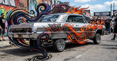 Silver lowrider car with colorful flames and roses painted on its sides