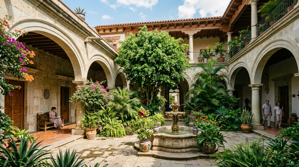 Courtyard with stone fountain, lush plants, and arches surrounding it