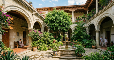 Courtyard with stone fountain, lush plants, and arches surrounding it