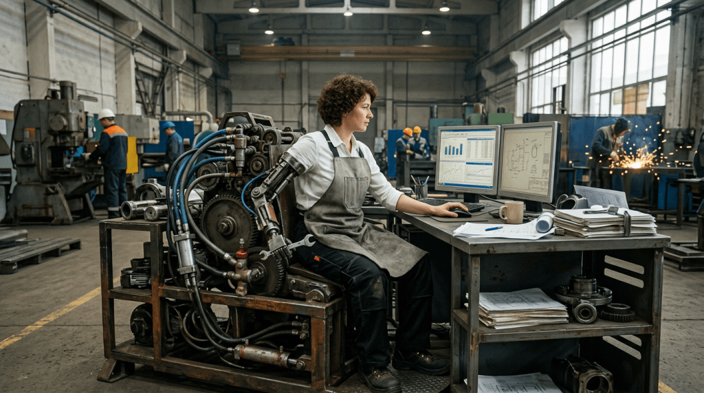 Engineer with robotic arm sitting at a desk analyzing technical data on dual monitors in a factory setting